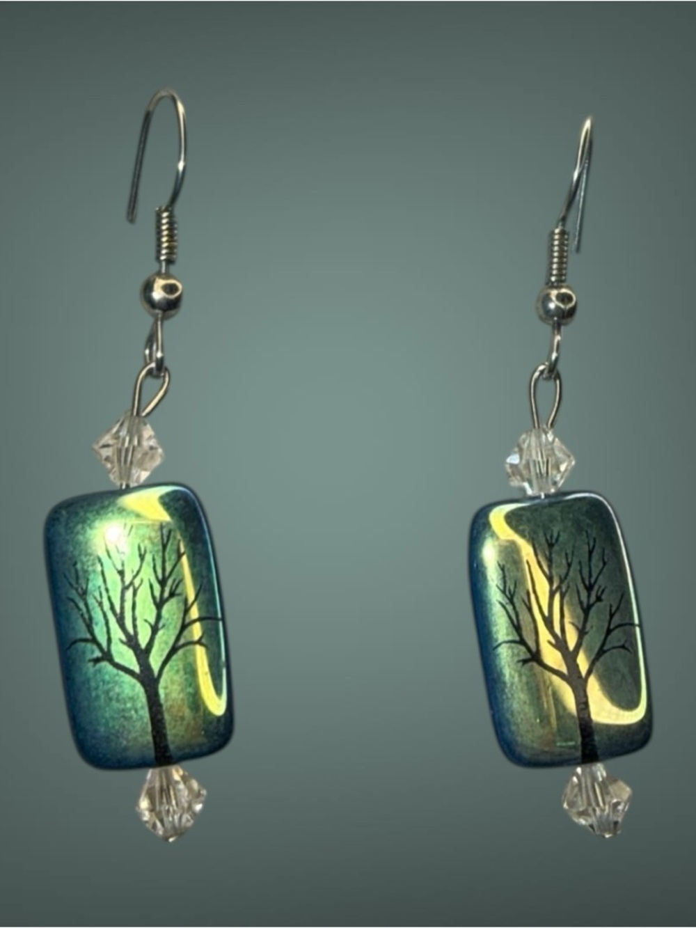 Dichroic Glass Tree Drop Earrings in Green and Yellow